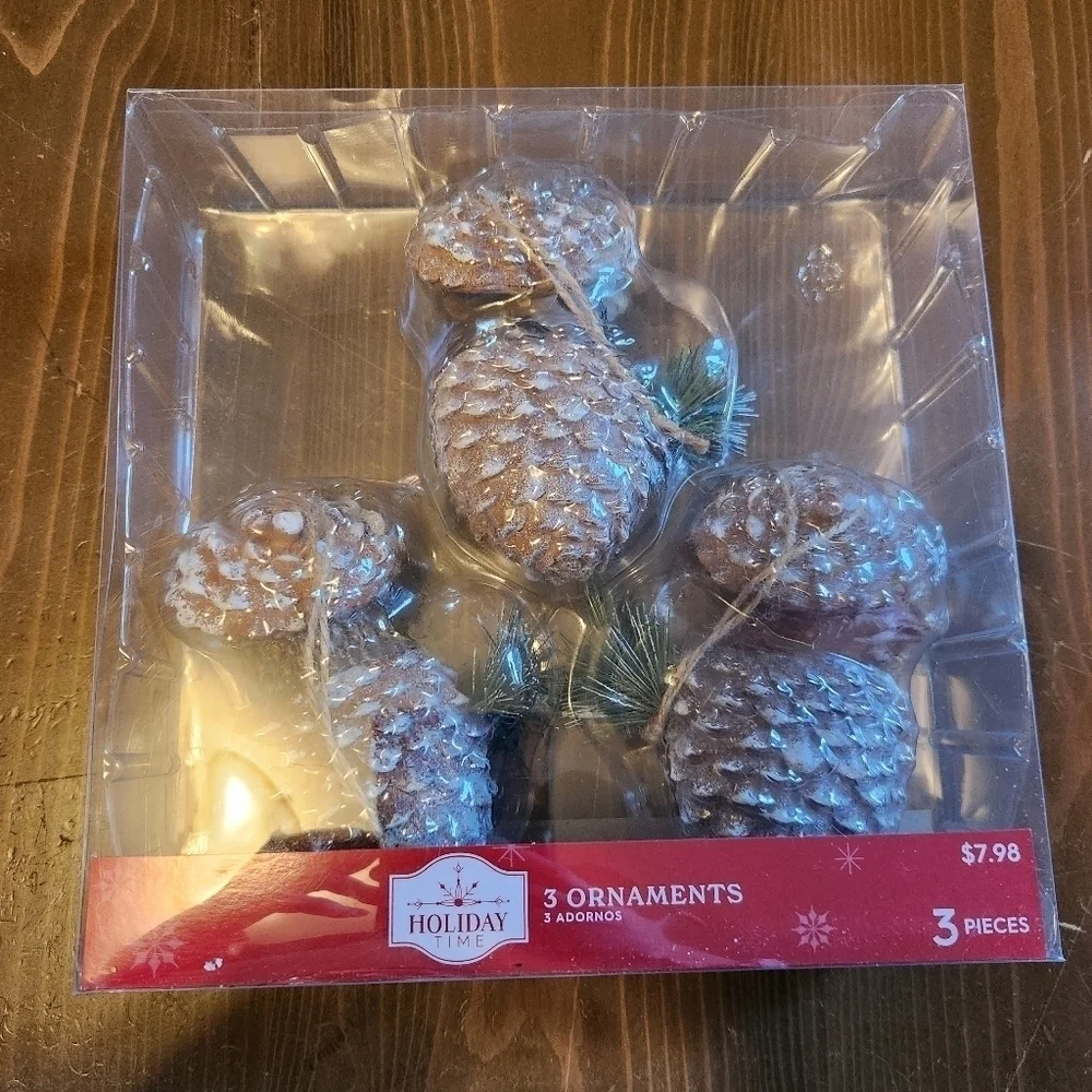 Woodland Animals in Pinecone Ornaments set of 3 New Holiday Time Resin Sparkly